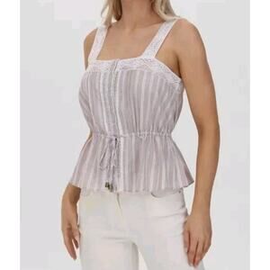 NWT Frye Lace Trim Square Neck Striped Tank Medium Tan Linen ,Cotton